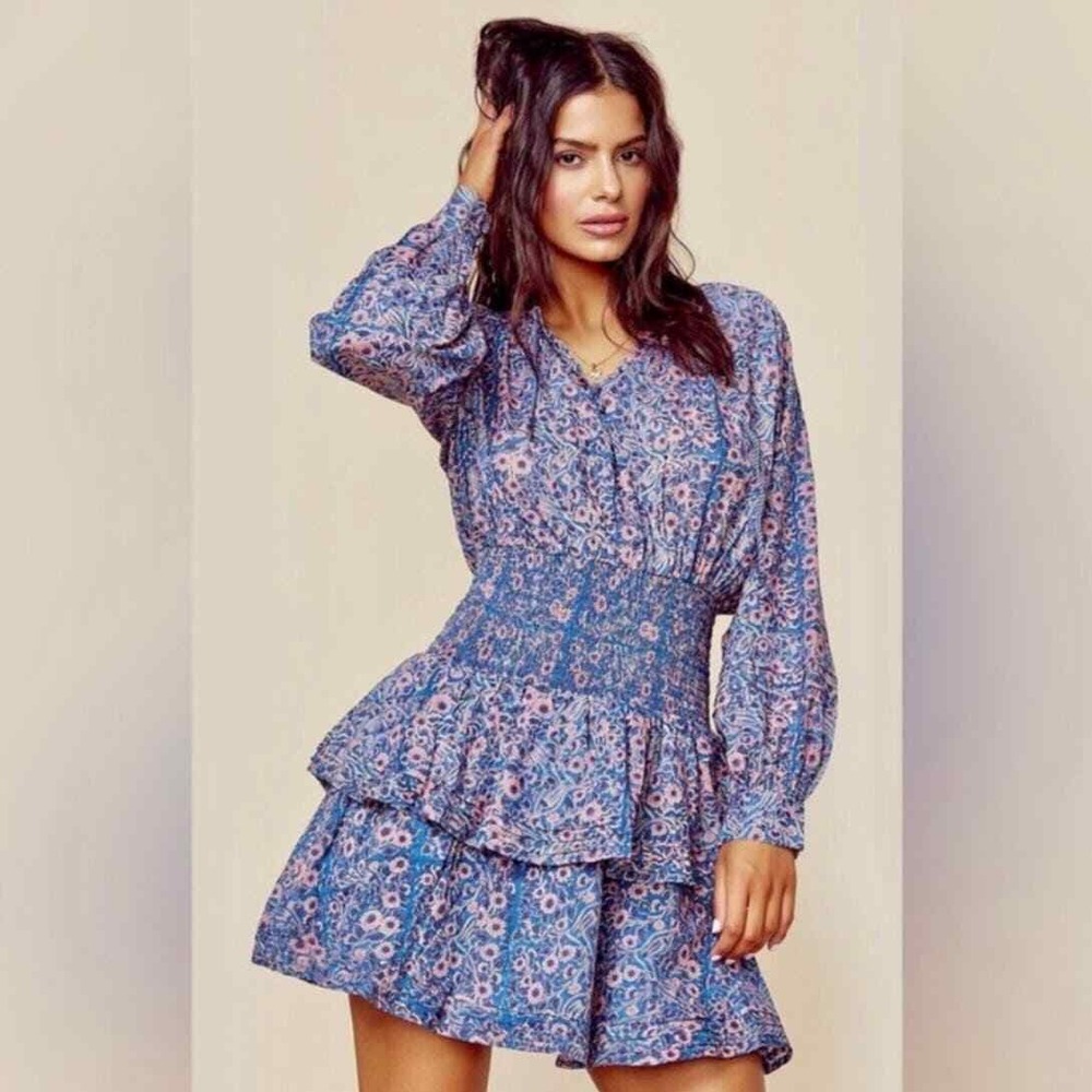 Cleobella Dress Womens Extra Large Blue Floral Smocked Waist Mini Tiered Ruffle